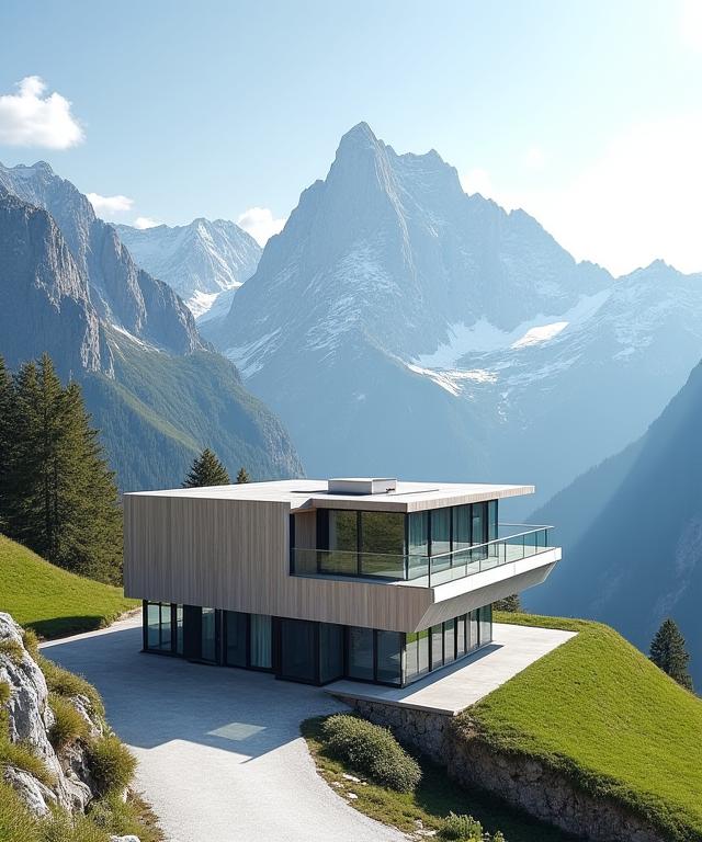 Moderne Architektur in Vorarlberg vor alpinem Panorama
