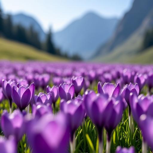 Leuchtende lila Krokuswiese im Frühling in den Alpen