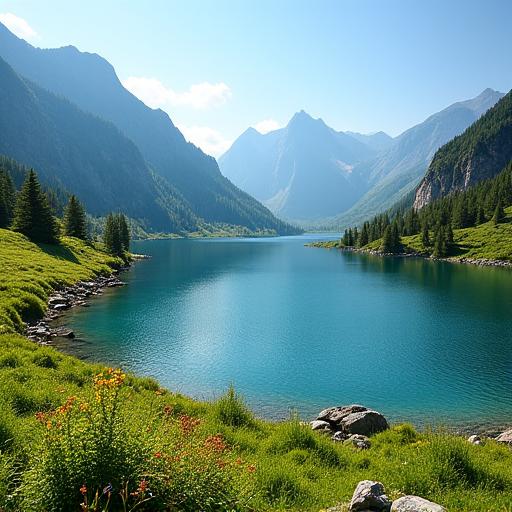 Glitzernder Bergsee inmitten grüner Alpenwiesen im Sommer