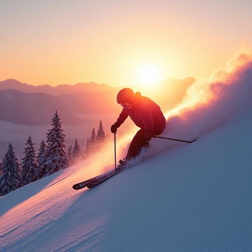 Skifahrer auf einer verschneiten Piste bei Sonnenuntergang im Winter