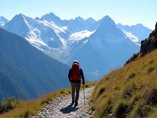 Wanderer auf dem Zillertaler Höhenweg mit schneebedeckten Gipfeln im Hintergrund